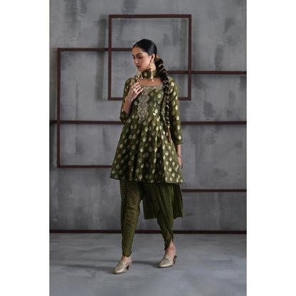 Deepika Chadha Olive Green Peplum Top with Dhoti and Choker Dupatta (Set of 3)