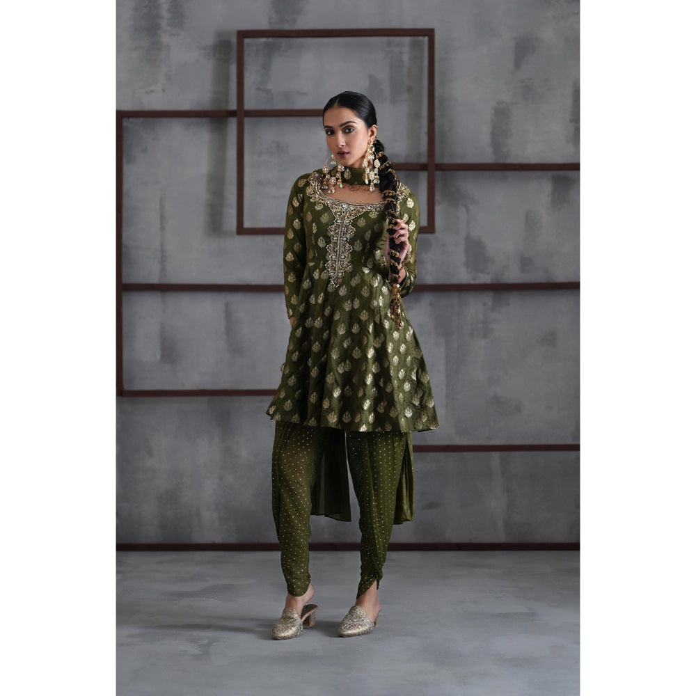 Deepika Chadha Olive Green Peplum Top with Dhoti and Choker Dupatta (Set of 3)