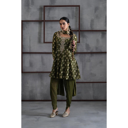 Deepika Chadha Olive Green Peplum Top with Dhoti and Choker Dupatta (Set of 3)