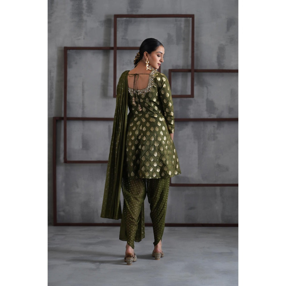 Deepika Chadha Olive Green Peplum Top with Dhoti and Choker Dupatta (Set of 3)
