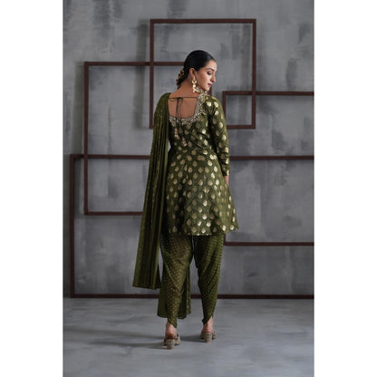 Deepika Chadha Olive Green Peplum Top with Dhoti and Choker Dupatta (Set of 3)