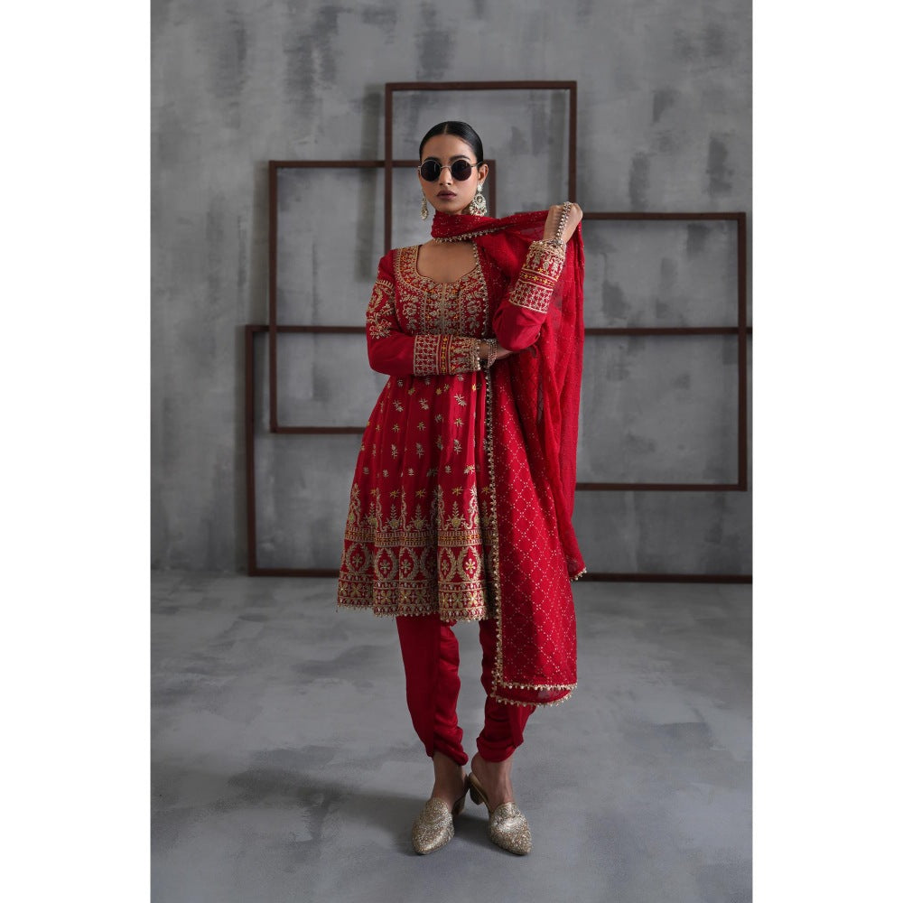 Deepika Chadha Red Embroidered Anarkali with Dhoti and Dupatta (Set of 3)