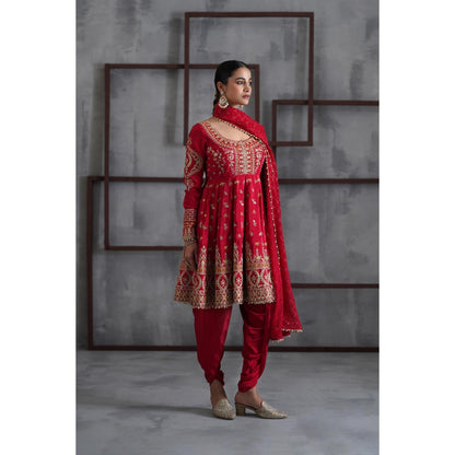 Deepika Chadha Red Embroidered Anarkali with Dhoti and Dupatta (Set of 3)