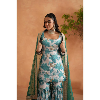 Deepika Chadha Blue Printed Kurti with Sharara and Dupatta (Set of 3)