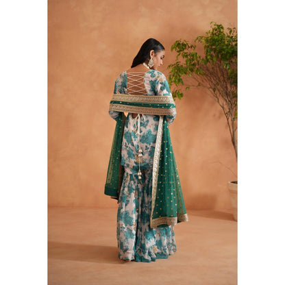 Deepika Chadha Blue Printed Kurti with Sharara and Dupatta (Set of 3)