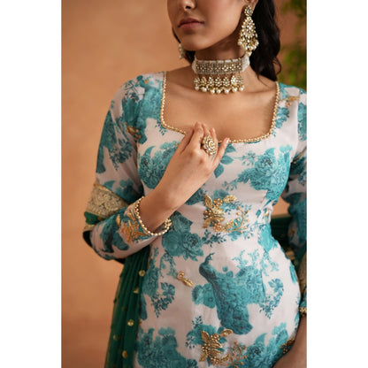 Deepika Chadha Blue Printed Kurti with Sharara and Dupatta (Set of 3)