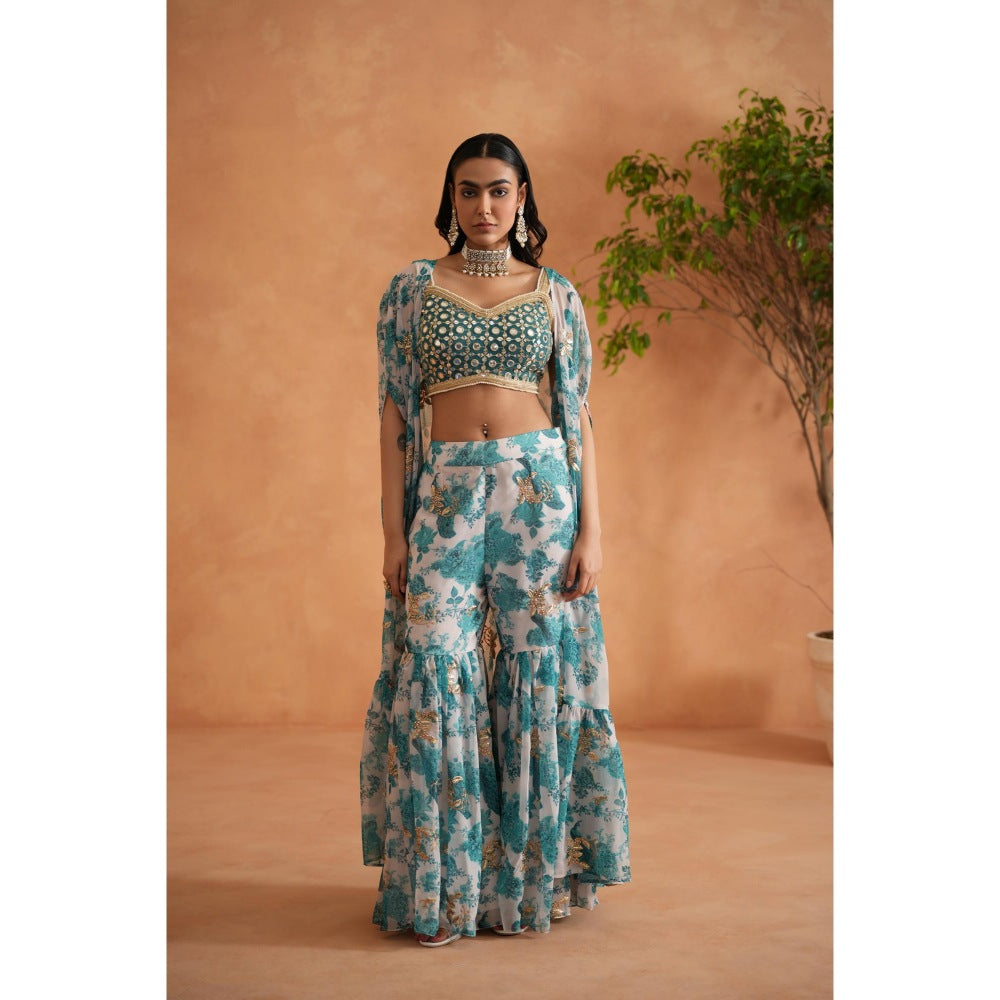 Deepika Chadha Blue Mirror Blouse with Shara and Cape (Set of 3)