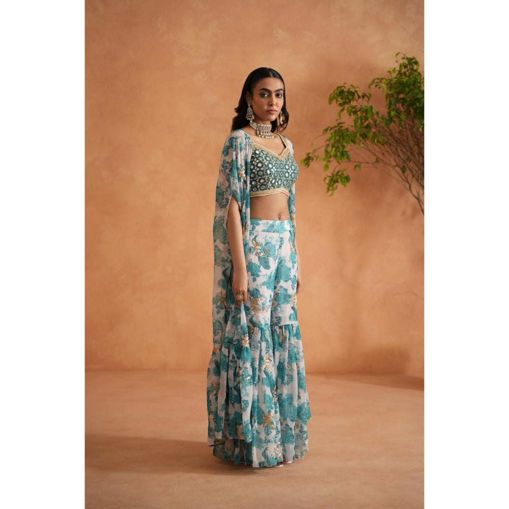 Deepika Chadha Blue Mirror Blouse with Shara and Cape (Set of 3)