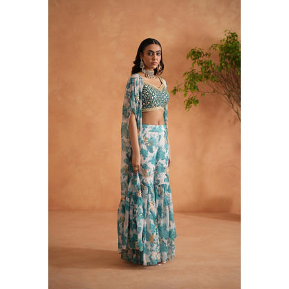 Deepika Chadha Blue Mirror Blouse with Shara and Cape (Set of 3)