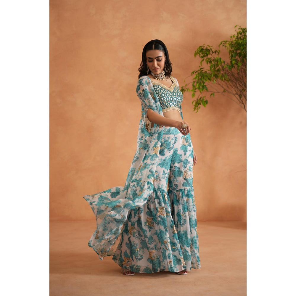 Deepika Chadha Blue Mirror Blouse with Shara and Cape (Set of 3)