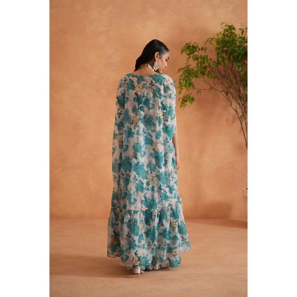 Deepika Chadha Blue Mirror Blouse with Shara and Cape (Set of 3)