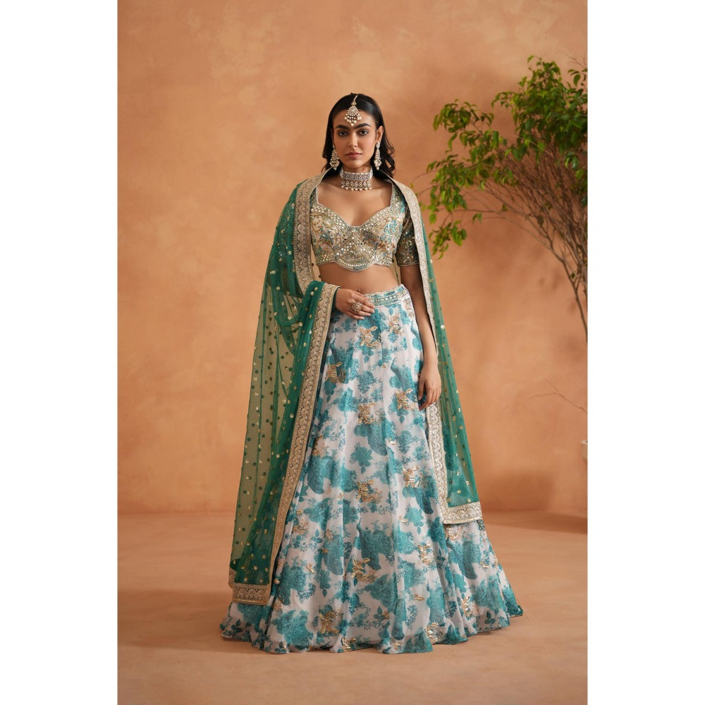 Deepika Chadha Green Mirror Embroidery Blouse, Printed Lehenga, Dupatta (Set of 3)