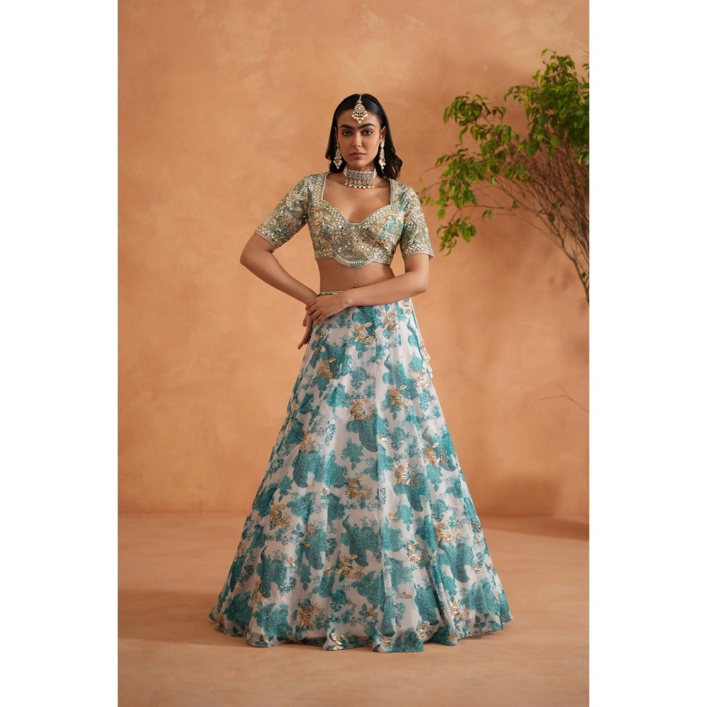 Deepika Chadha Green Mirror Embroidery Blouse, Printed Lehenga, Dupatta (Set of 3)