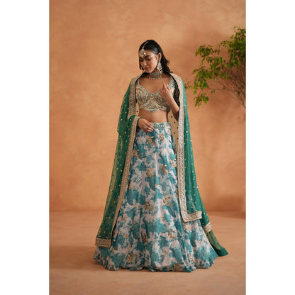Deepika Chadha Green Mirror Embroidery Blouse, Printed Lehenga, Dupatta (Set of 3)