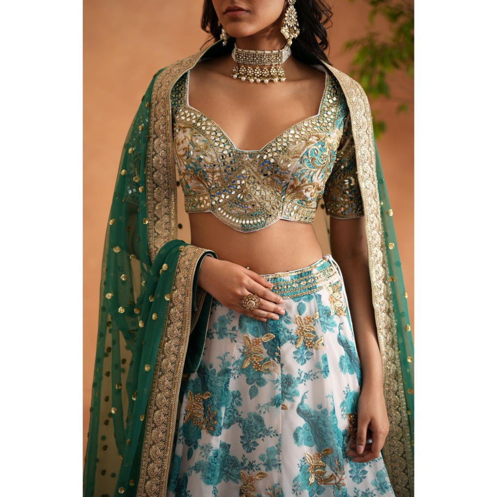 Deepika Chadha Green Mirror Embroidery Blouse, Printed Lehenga, Dupatta (Set of 3)
