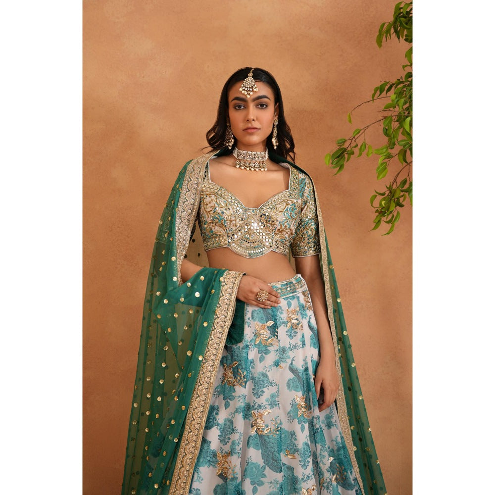 Deepika Chadha Green Mirror Embroidery Blouse, Printed Lehenga, Dupatta (Set of 3)