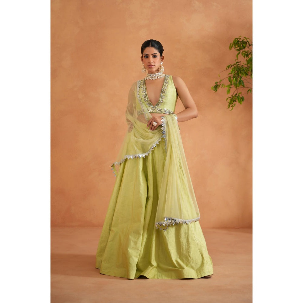 Deepika Chadha Lime Yellow Embroidered Blouse with Lehenga and Dupatta (Set of 3)