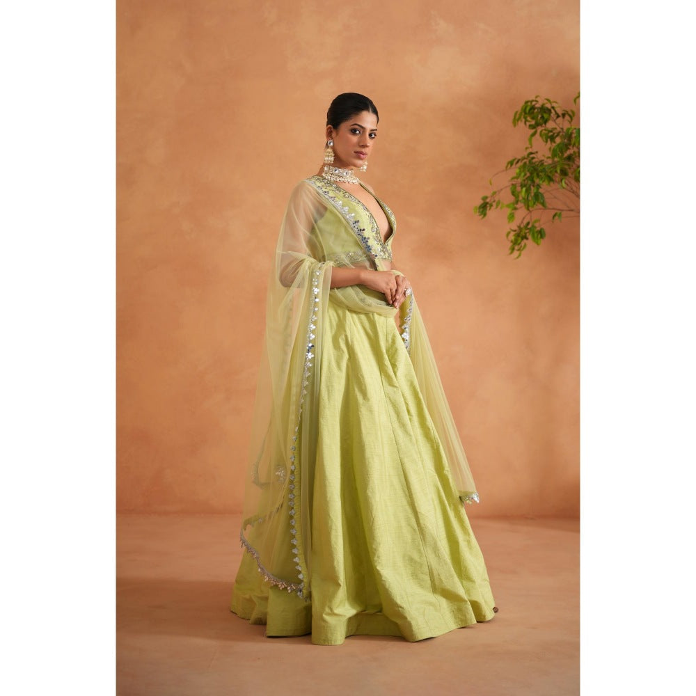Deepika Chadha Lime Yellow Embroidered Blouse with Lehenga and Dupatta (Set of 3)