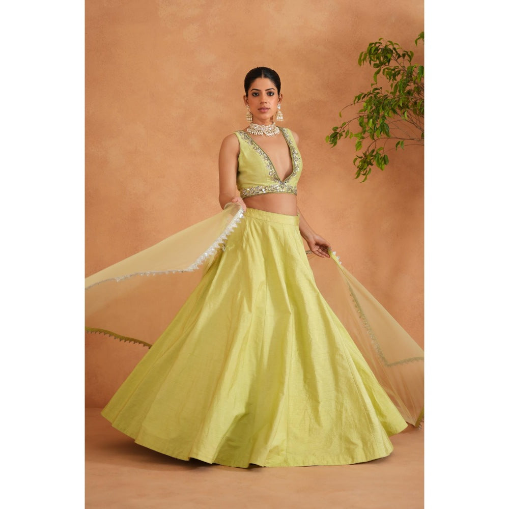 Deepika Chadha Lime Yellow Embroidered Blouse with Lehenga and Dupatta (Set of 3)