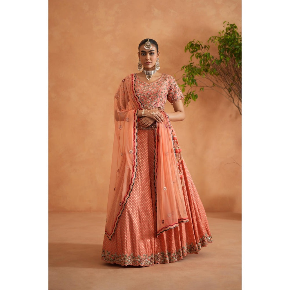 Deepika Chadha Coral Embroidery Blouse with Lehenga and Dupatta (Set of 3)