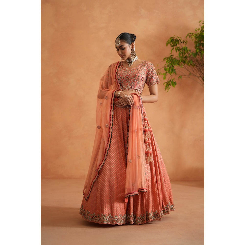 Deepika Chadha Coral Embroidery Blouse with Lehenga and Dupatta (Set of 3)