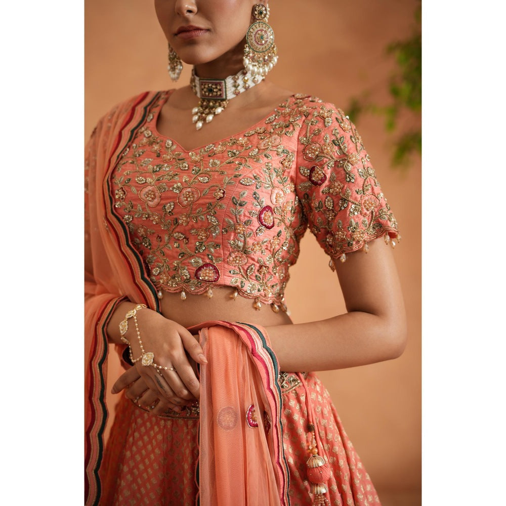Deepika Chadha Coral Embroidery Blouse with Lehenga and Dupatta (Set of 3)