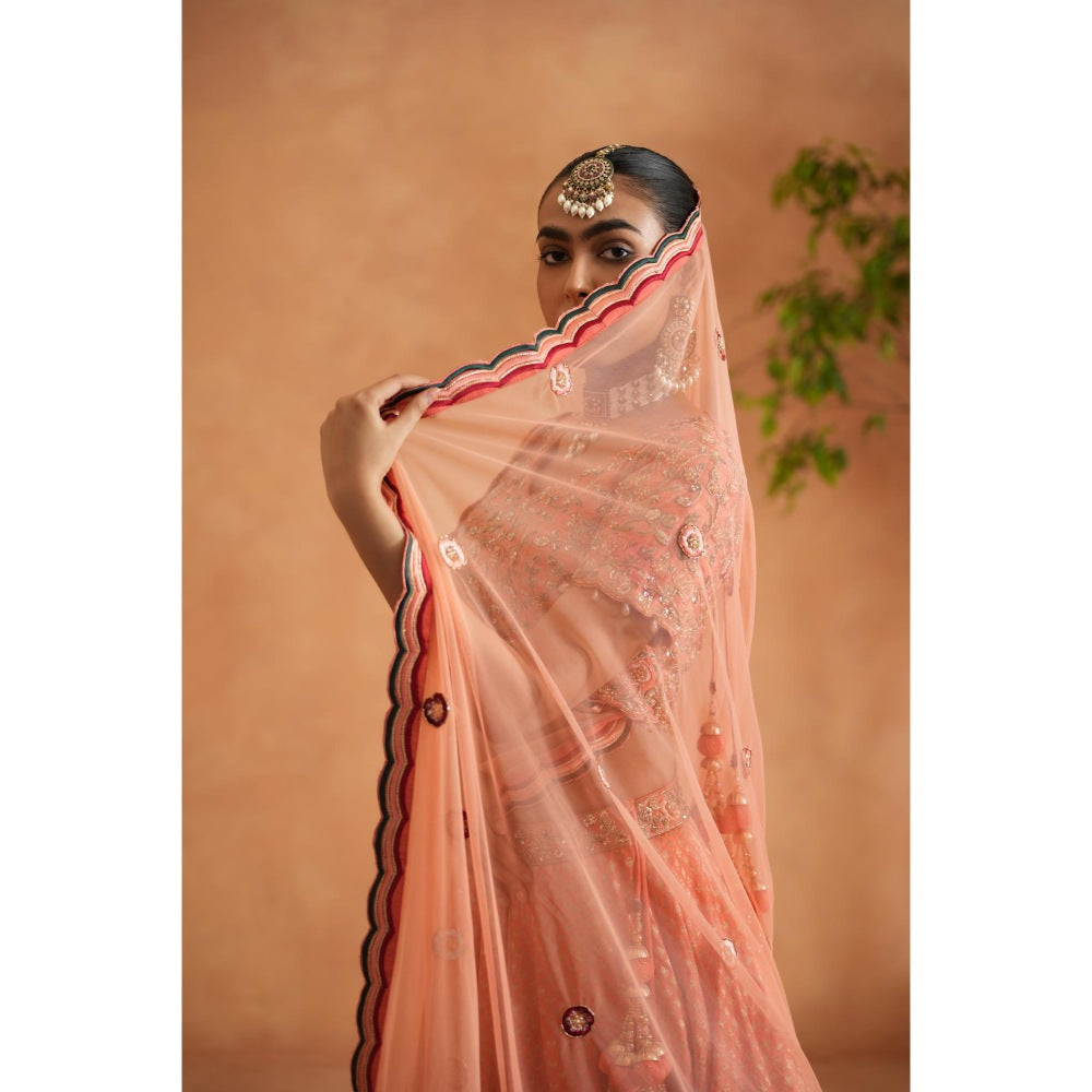 Deepika Chadha Coral Embroidery Blouse with Lehenga and Dupatta (Set of 3)