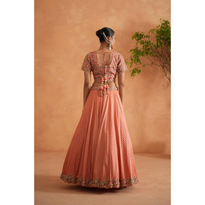 Deepika Chadha Coral Embroidery Blouse with Lehenga and Dupatta (Set of 3)