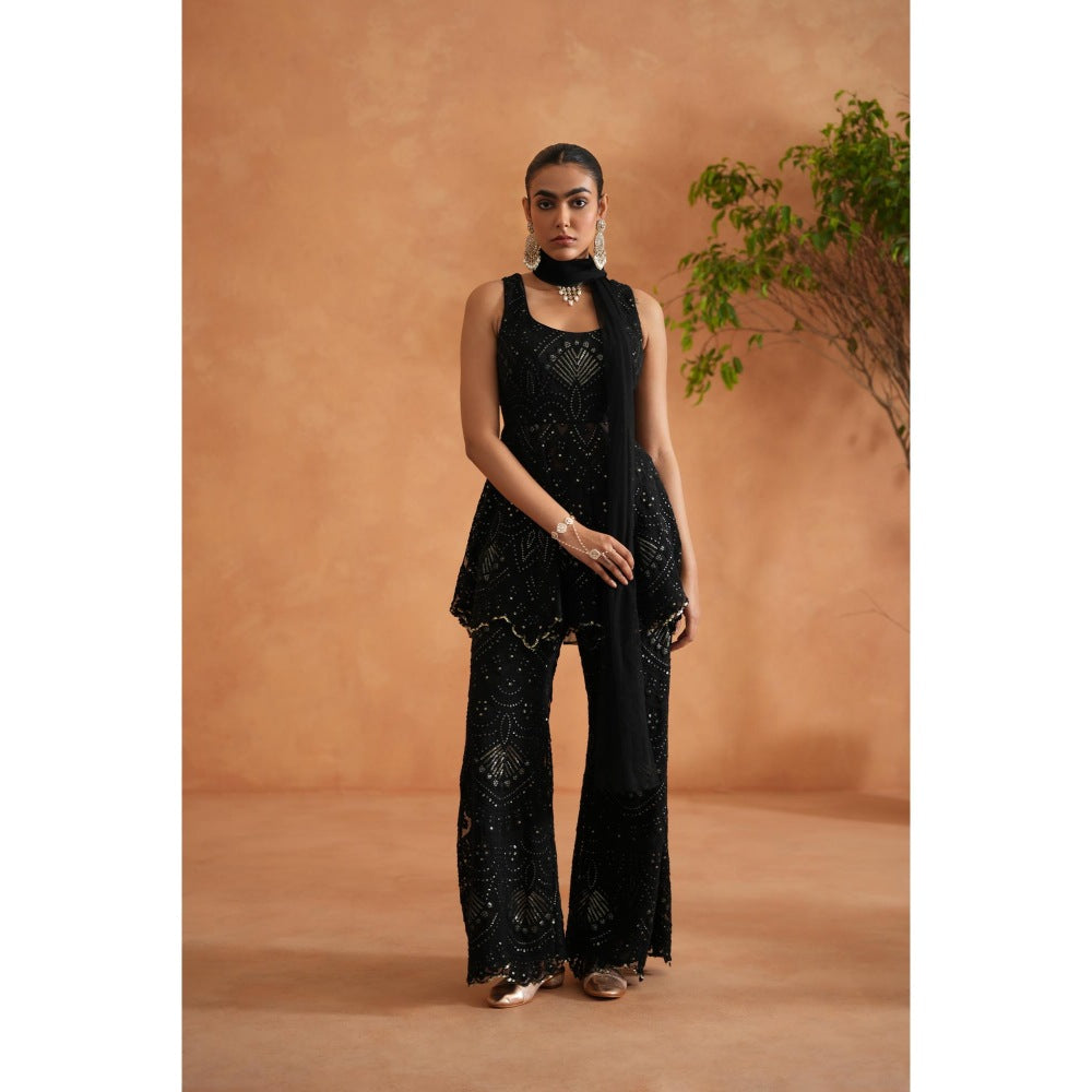 Deepika Chadha Black Peplum Top with Palazzo and Dupatta (Set of 3)