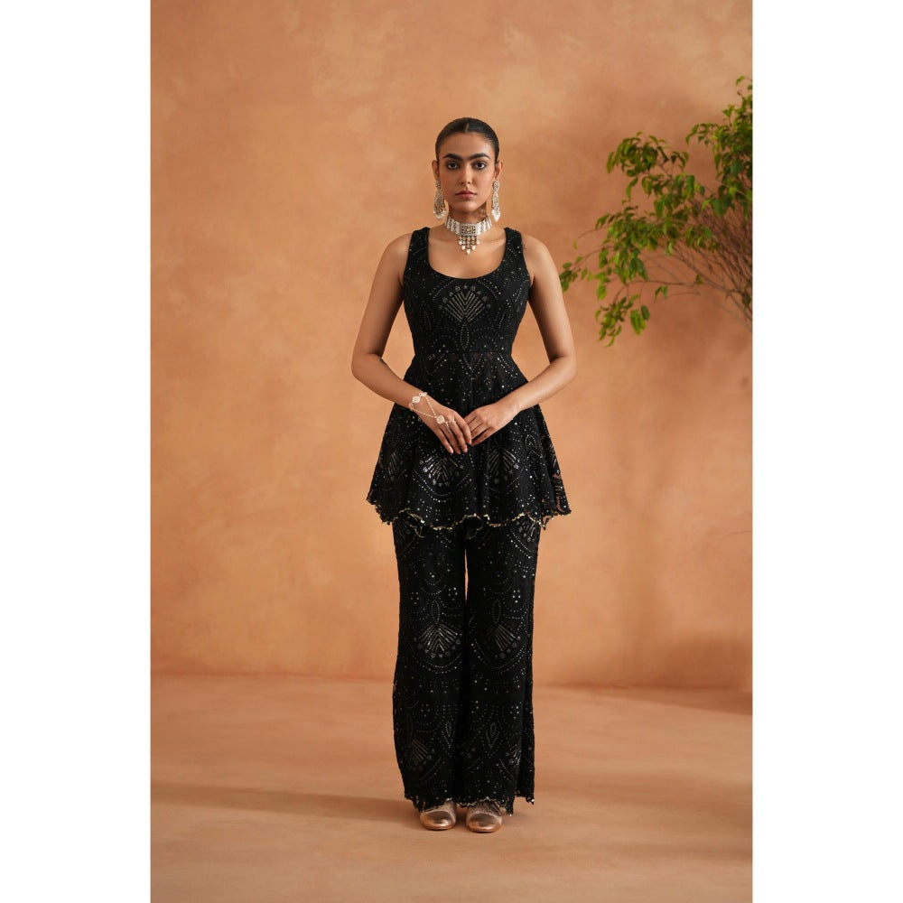 Deepika Chadha Black Peplum Top with Palazzo and Dupatta (Set of 3)