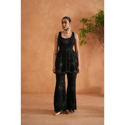 Deepika Chadha Black Peplum Top with Palazzo and Dupatta (Set of 3)