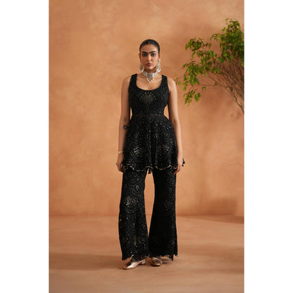 Deepika Chadha Black Peplum Top with Palazzo and Dupatta (Set of 3)