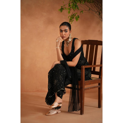 Deepika Chadha Black Peplum Top with Palazzo and Dupatta (Set of 3)