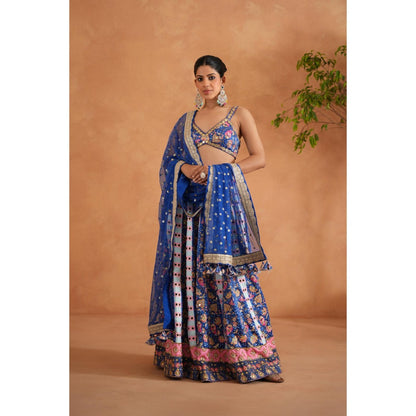 Deepika Chadha Blue Printed Blouse with Lehenga and Dupatta (Set of 3)