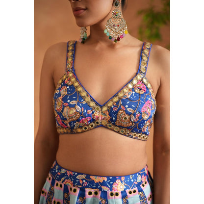 Deepika Chadha Blue Printed Blouse with Lehenga and Dupatta (Set of 3)