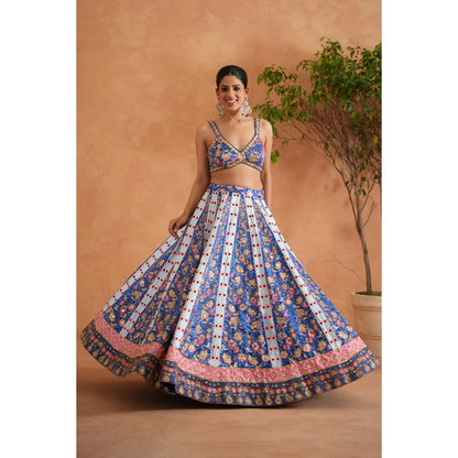 Deepika Chadha Blue Printed Blouse with Lehenga and Dupatta (Set of 3)