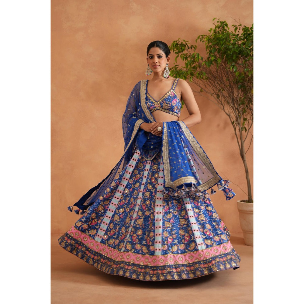Deepika Chadha Blue Printed Blouse with Lehenga and Dupatta (Set of 3)