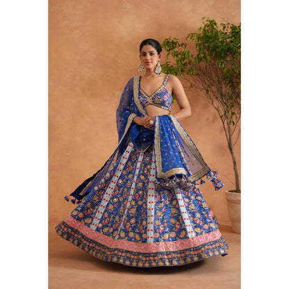 Deepika Chadha Blue Printed Blouse with Lehenga and Dupatta (Set of 3)