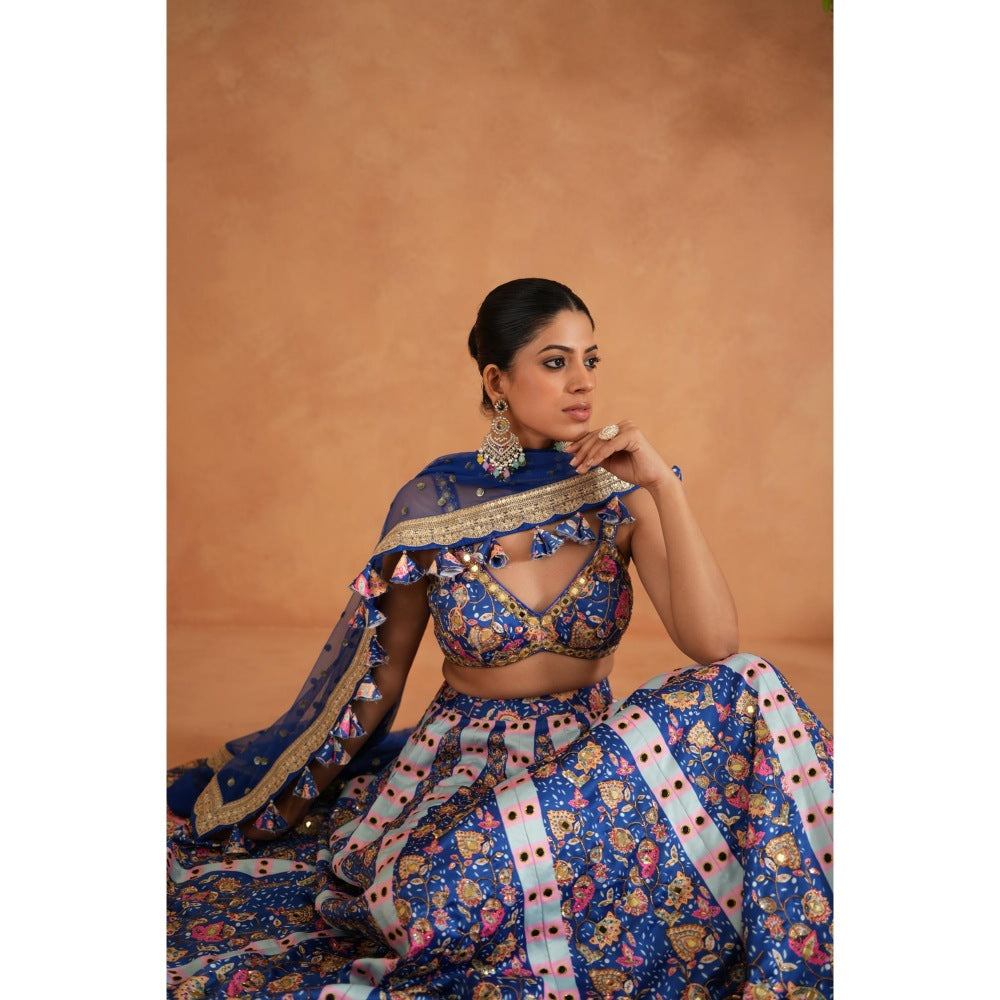 Deepika Chadha Blue Printed Blouse with Lehenga and Dupatta (Set of 3)