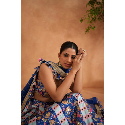 Deepika Chadha Blue Printed Blouse with Lehenga and Dupatta (Set of 3)