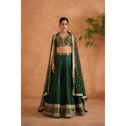 Deepika Chadha Bottle Green Brocade Blouse with Lehenga and Dupatta (Set of 3)