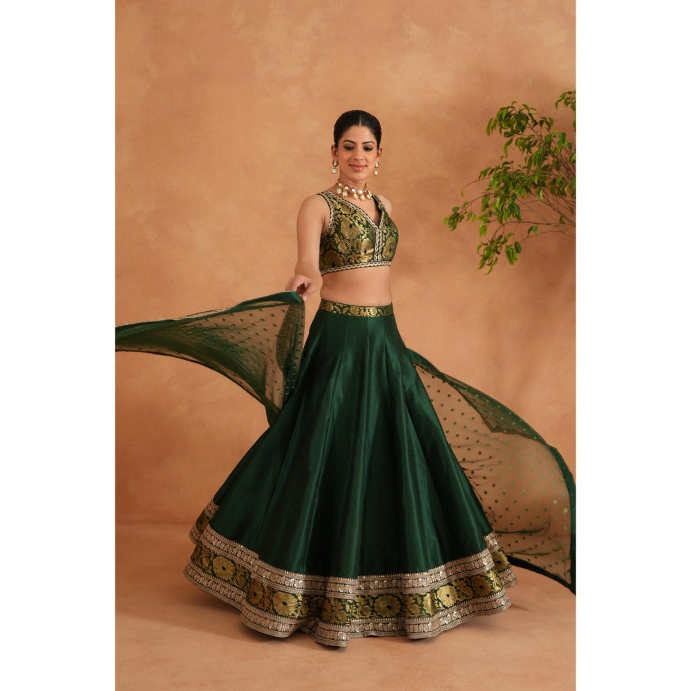 Deepika Chadha Bottle Green Brocade Blouse with Lehenga and Dupatta (Set of 3)
