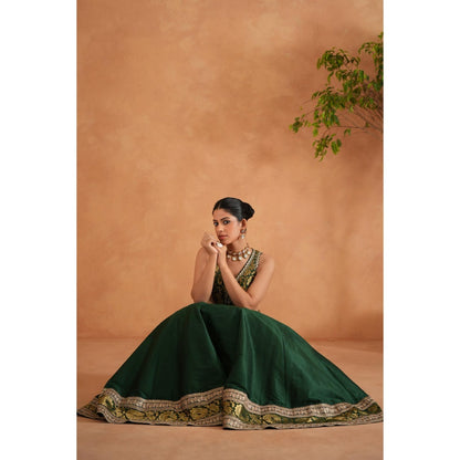 Deepika Chadha Bottle Green Brocade Blouse with Lehenga and Dupatta (Set of 3)