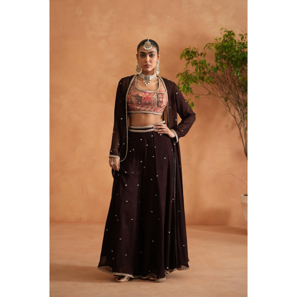 Deepika Chadha Brown Printed Blouse with Palazzo and Long Jacket (Set of 3)