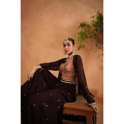Deepika Chadha Brown Printed Blouse with Palazzo and Long Jacket (Set of 3)