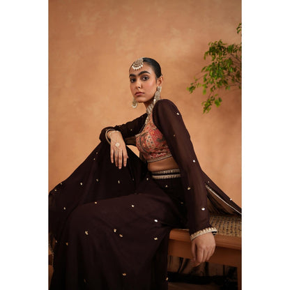 Deepika Chadha Brown Printed Blouse with Palazzo and Long Jacket (Set of 3)