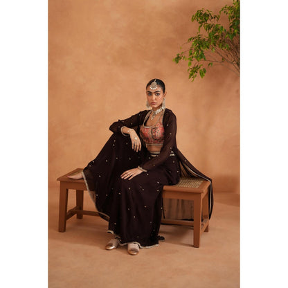 Deepika Chadha Brown Printed Blouse with Palazzo and Long Jacket (Set of 3)