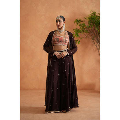 Deepika Chadha Brown Printed Blouse with Palazzo and Long Jacket (Set of 3)