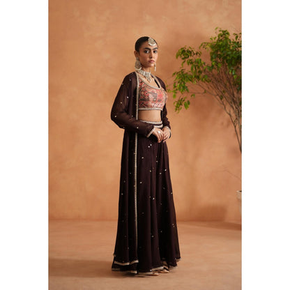 Deepika Chadha Brown Printed Blouse with Palazzo and Long Jacket (Set of 3)
