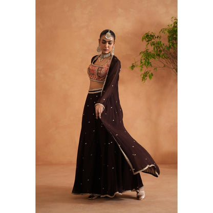 Deepika Chadha Brown Printed Blouse with Palazzo and Long Jacket (Set of 3)
